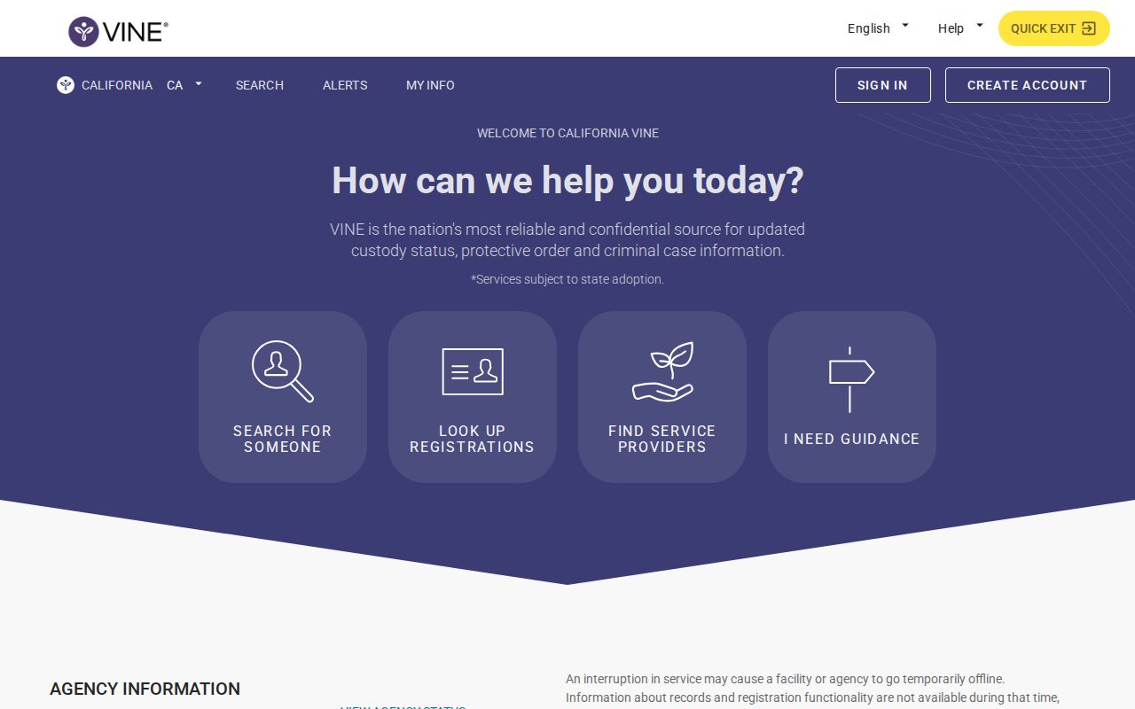 California VINE homepage for custody status and notifications