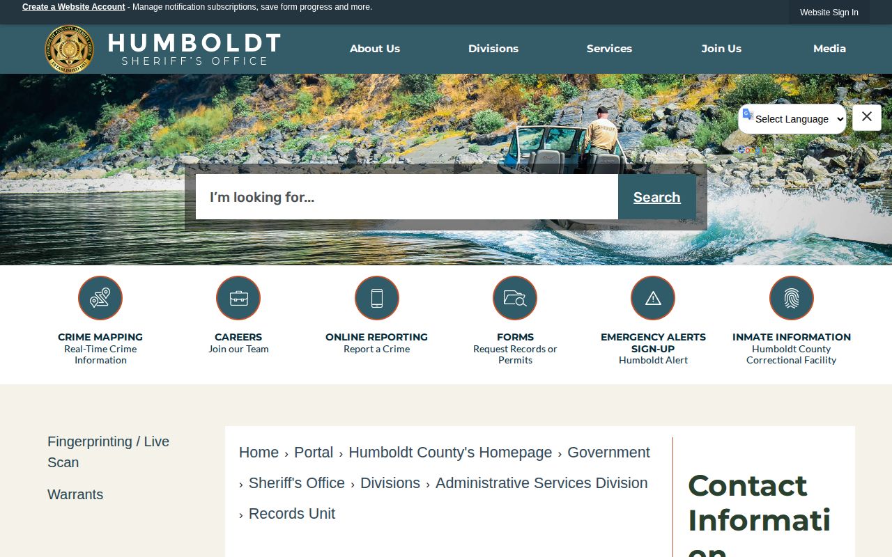 Humboldt Sheriff's Records Unit webpage