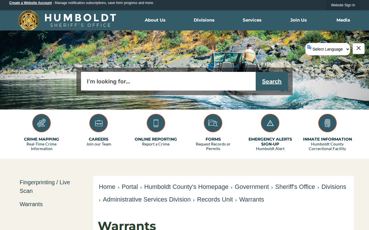 Humboldt County Sheriff's Office warrants webpage