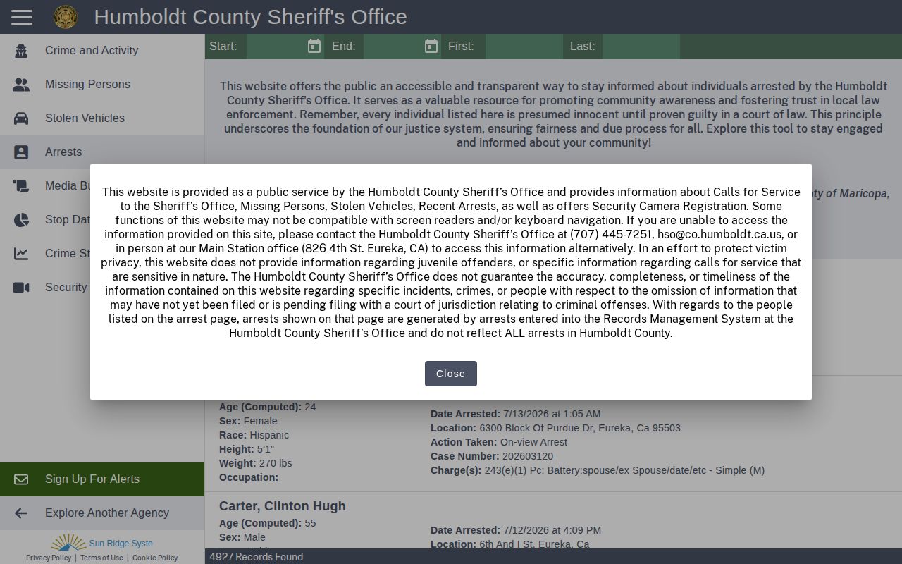 Humboldt Sheriff's Citizen RIMS arrests page