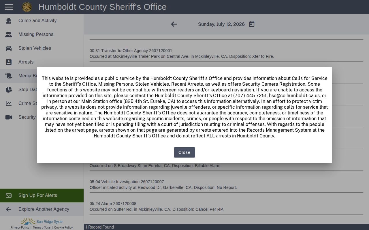 Humboldt Sheriff's Citizen RIMS bulletins page